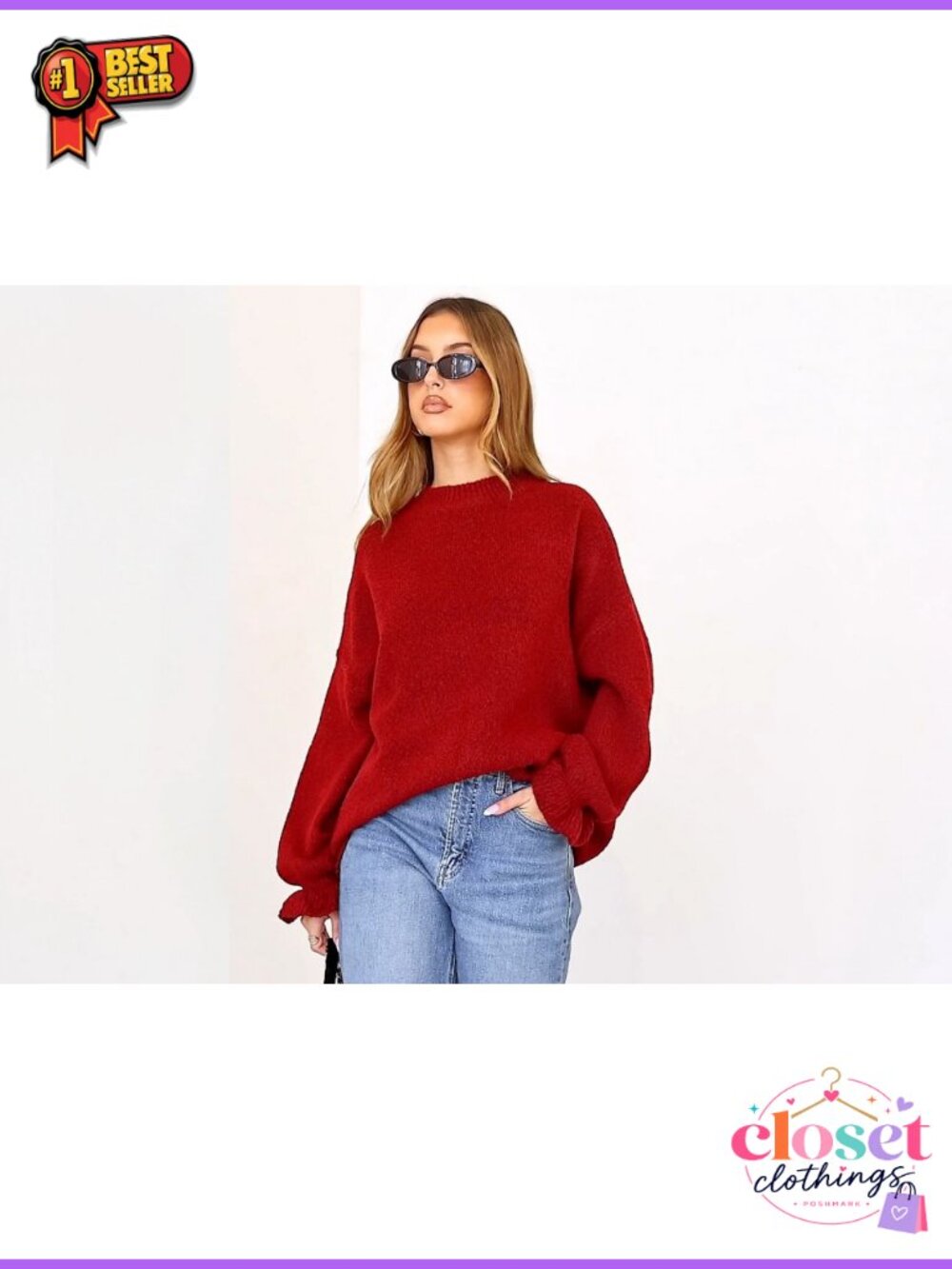 Oversized Chunky Knit Sweater Crew Neck Lantern Sleeve Ruffle Cuff - Picture 6 of 6